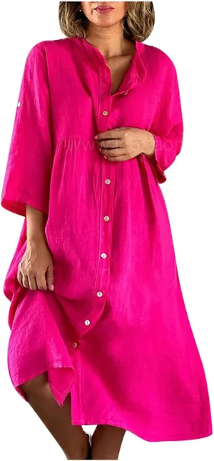 Women's Cotton Linen Long Sleeve Button Down Shirt Dress Summer Casual Plus Size A-Line Swing Midi Dress with Pockets