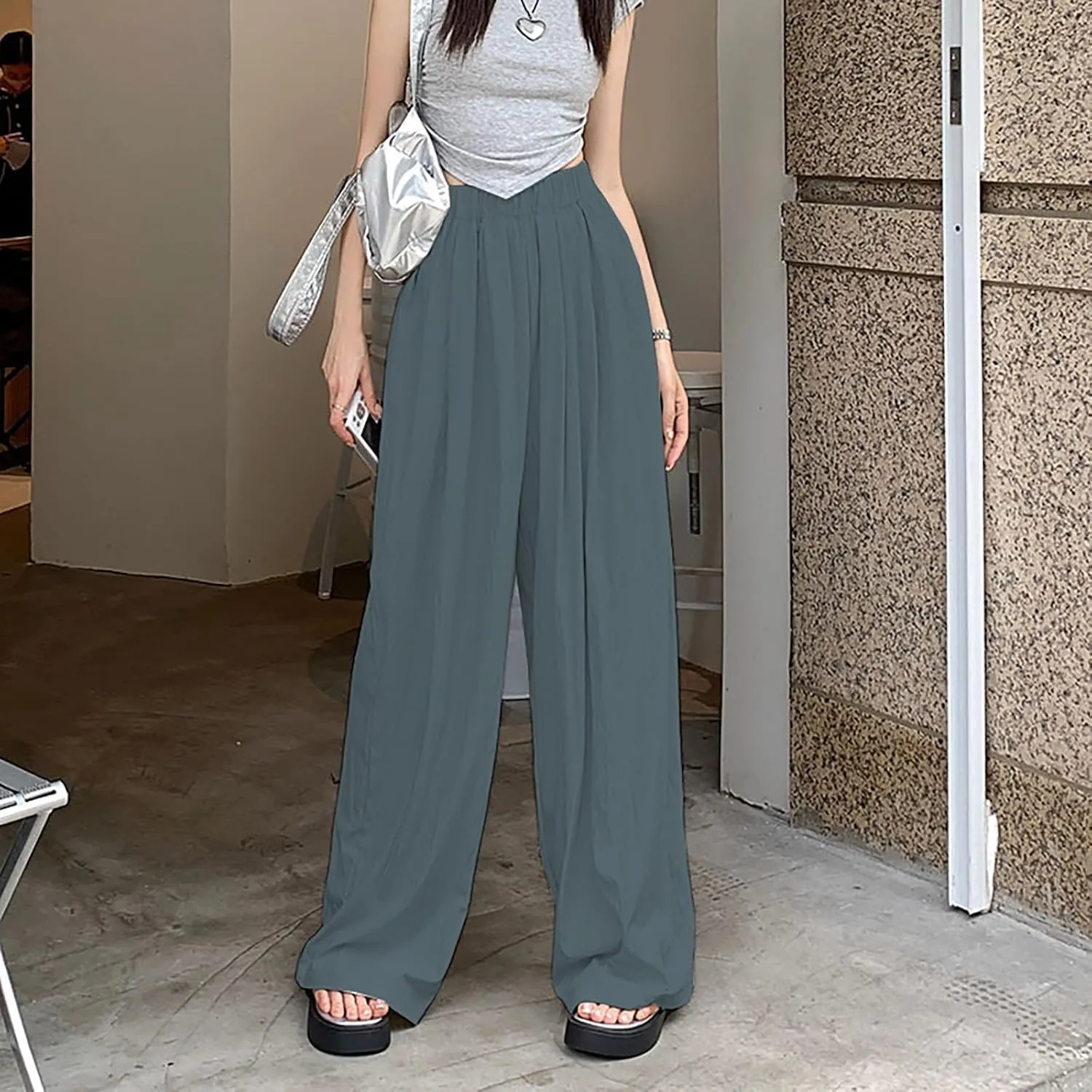 Womens Cotton Linen Palazzo Pants Elastic Waist Casual Wide Leg Trousers High Waist Wide Leg Straight