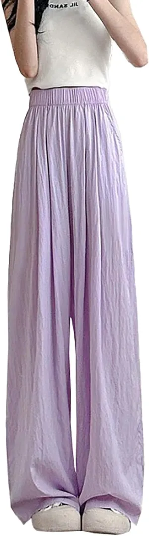 Womens Cotton Linen Palazzo Pants Elastic Waist Casual Wide Leg Trousers High Waist Wide Leg Straight