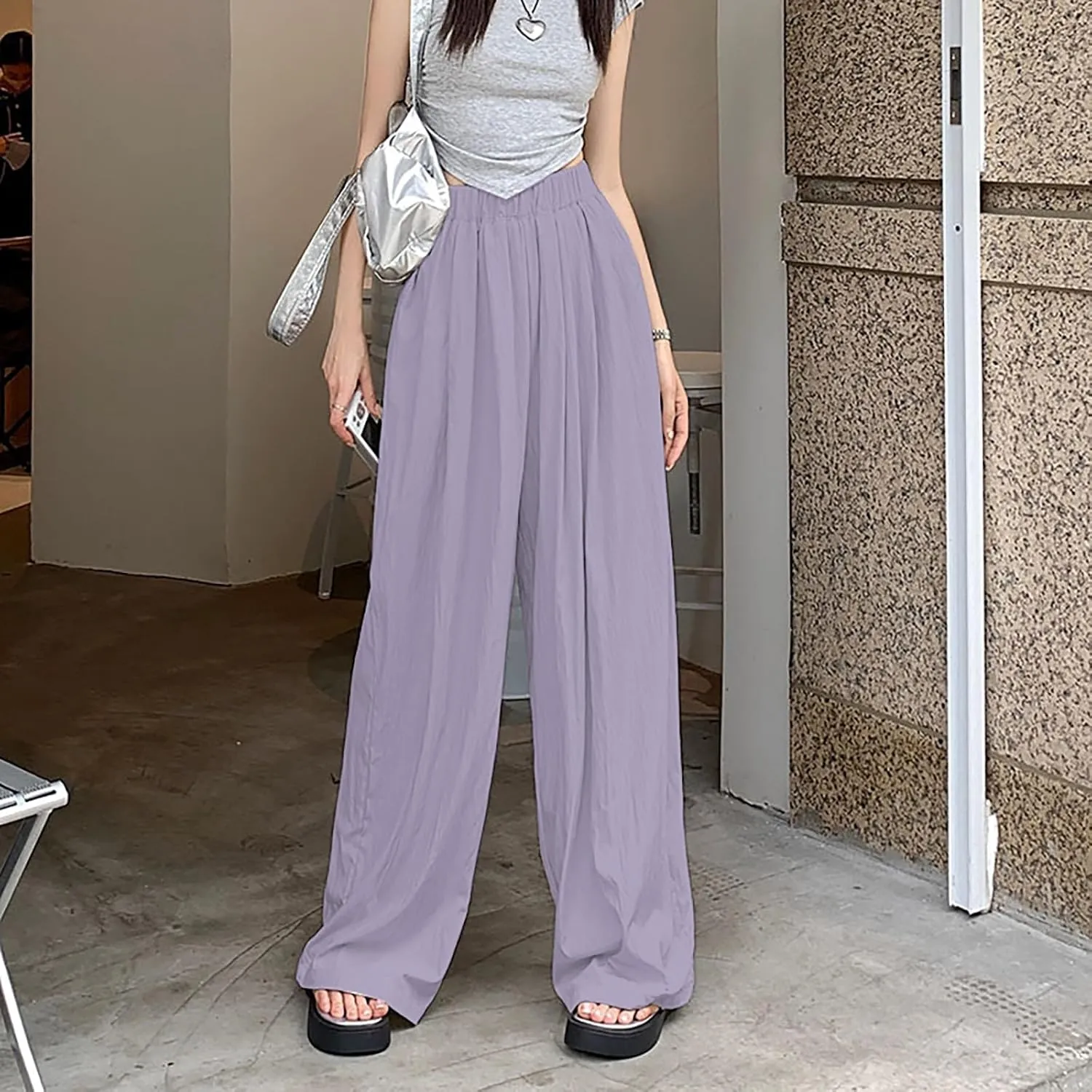 Womens Cotton Linen Palazzo Pants Elastic Waist Casual Wide Leg Trousers High Waist Wide Leg Straight