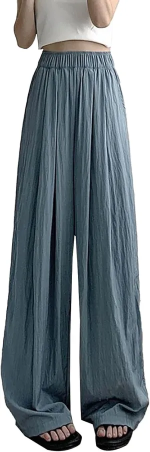 Womens Cotton Linen Palazzo Pants Elastic Waist Casual Wide Leg Trousers High Waist Wide Leg Straight