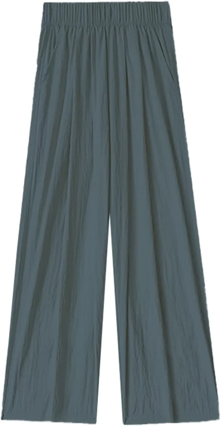 Womens Cotton Linen Palazzo Pants Elastic Waist Casual Wide Leg Trousers High Waist Wide Leg Straight