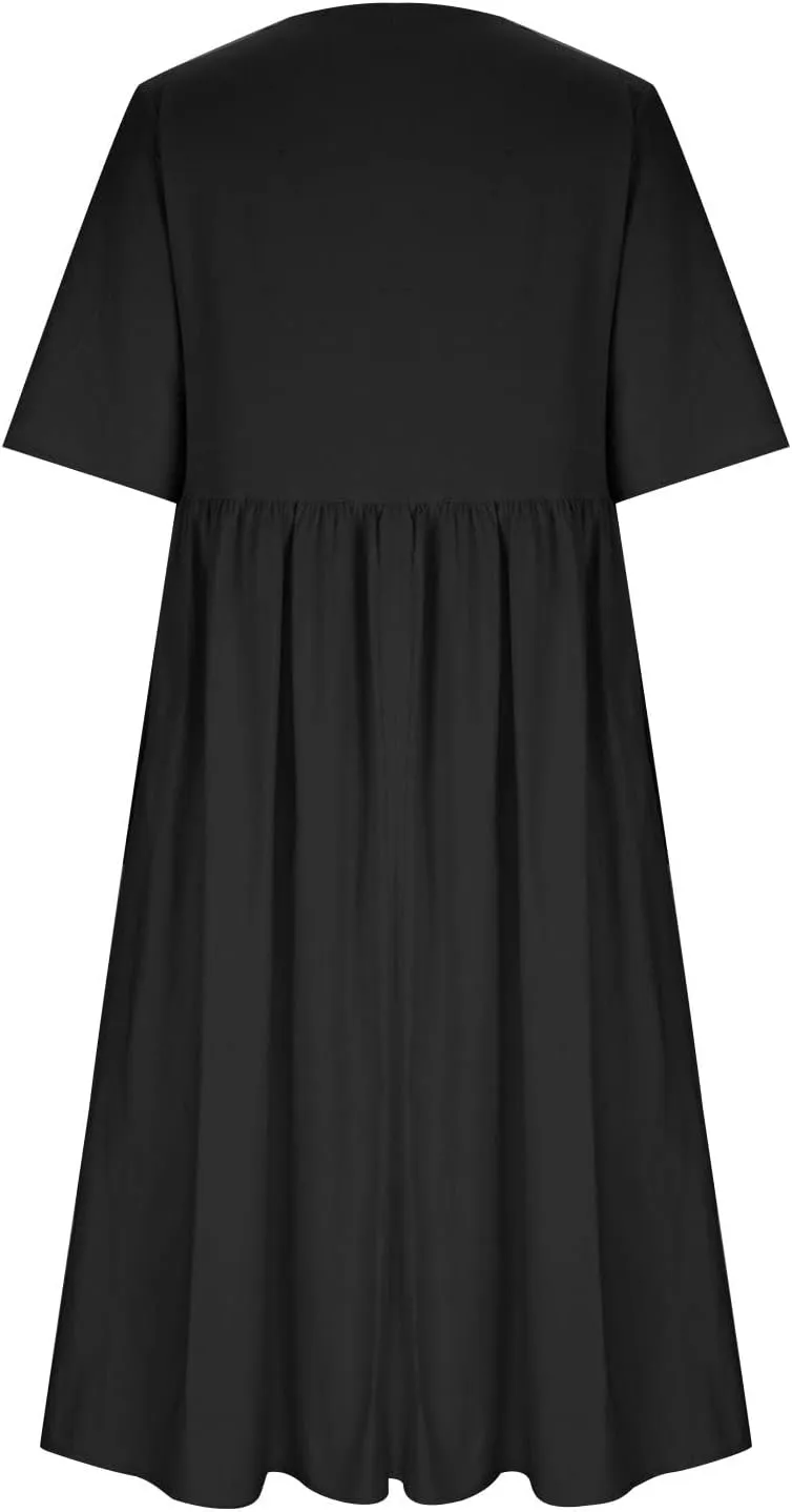 Women's Cotton Linen Short Sleeve Tshirt Dress Dandelion Print Casual Plus Size Midi Dresses Beach Dress with Pockets