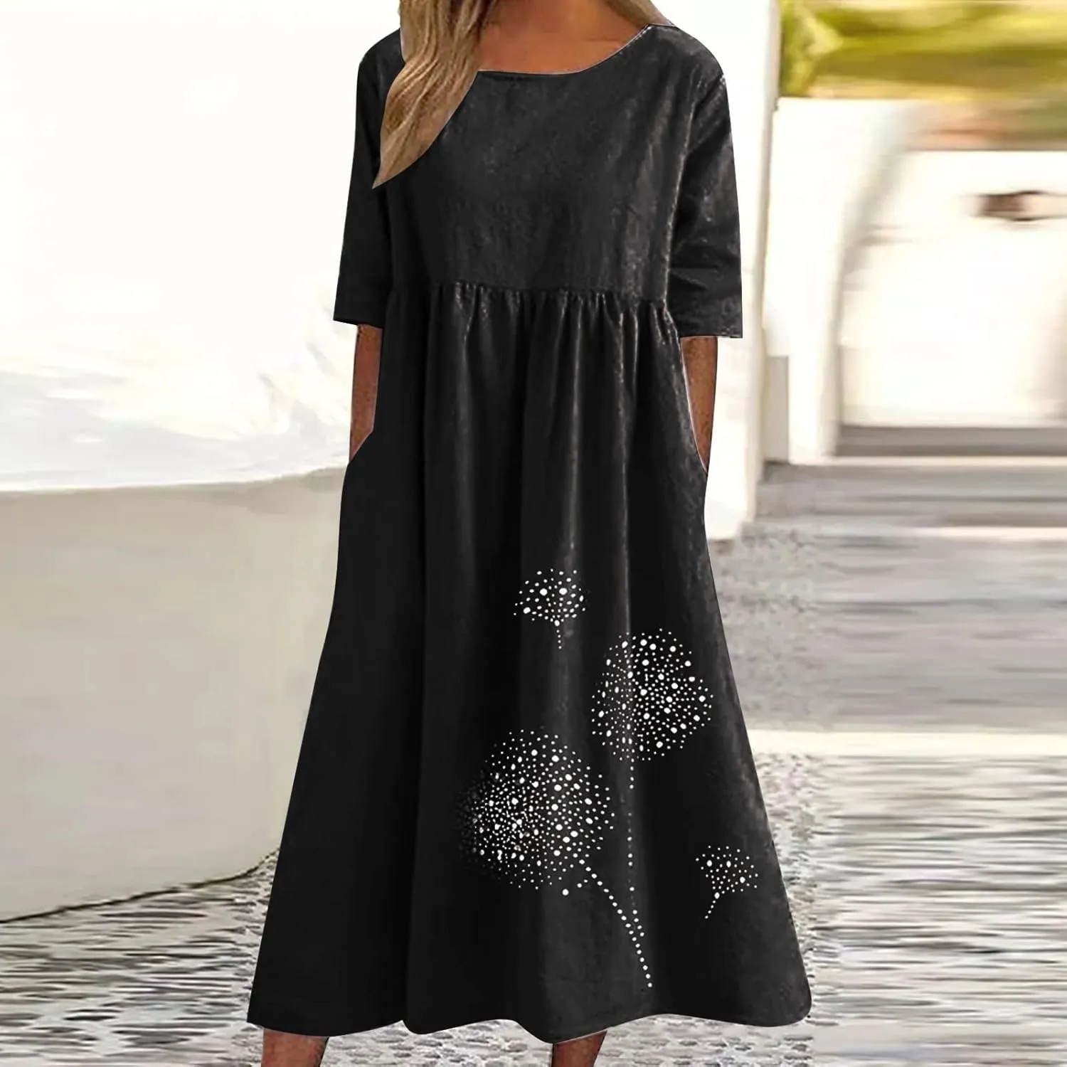 Women's Cotton Linen Short Sleeve Tshirt Dress Dandelion Print Casual Plus Size Midi Dresses Beach Dress with Pockets