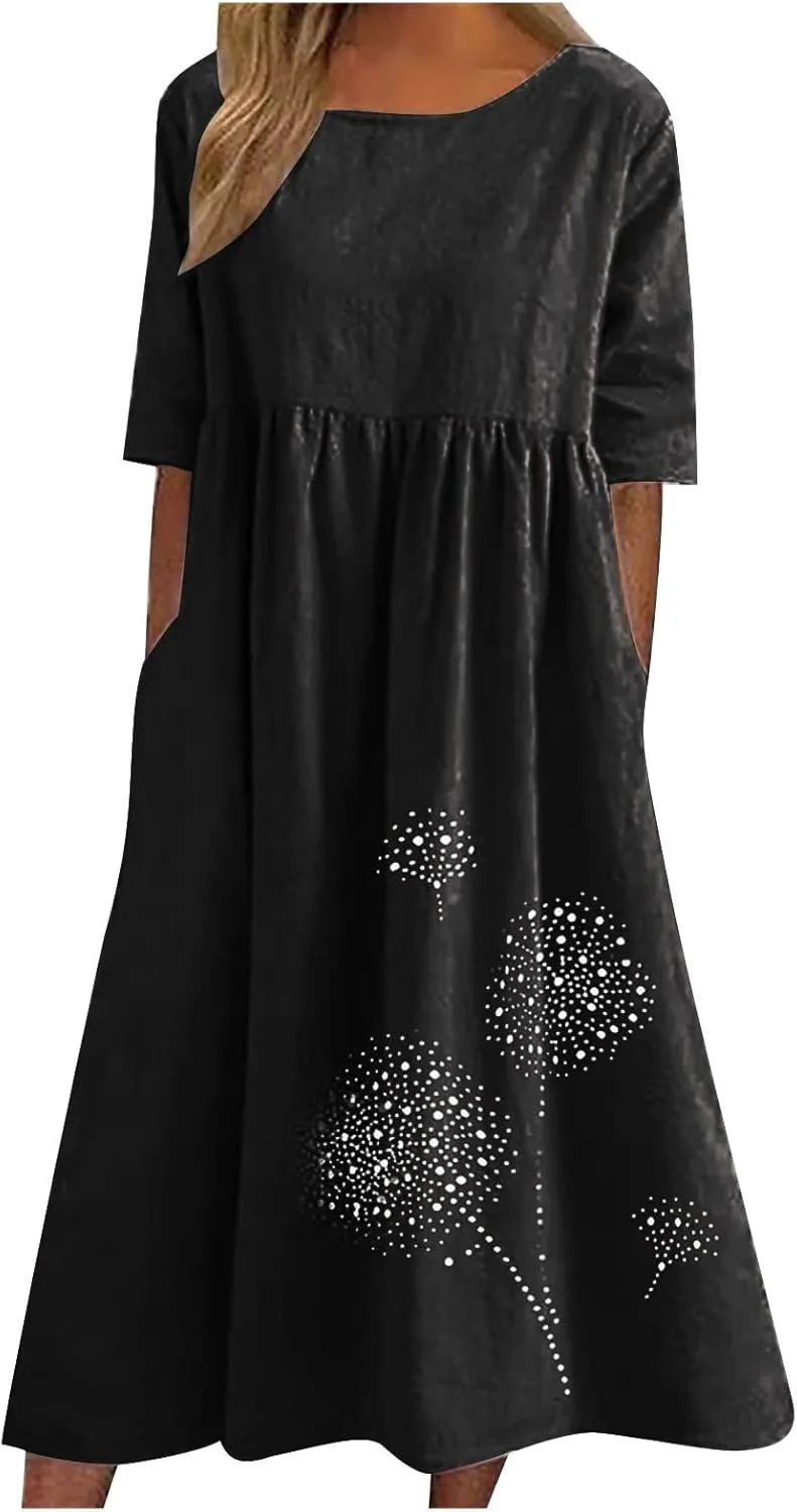 Women's Cotton Linen Short Sleeve Tshirt Dress Dandelion Print Casual Plus Size Midi Dresses Beach Dress with Pockets