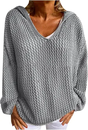 Womens Crochet Hoodie Sweater Top Loose Hooded Long Sleeve Shirt Spring Summer Beach Cover Up Hollow Knit Bathing Suit