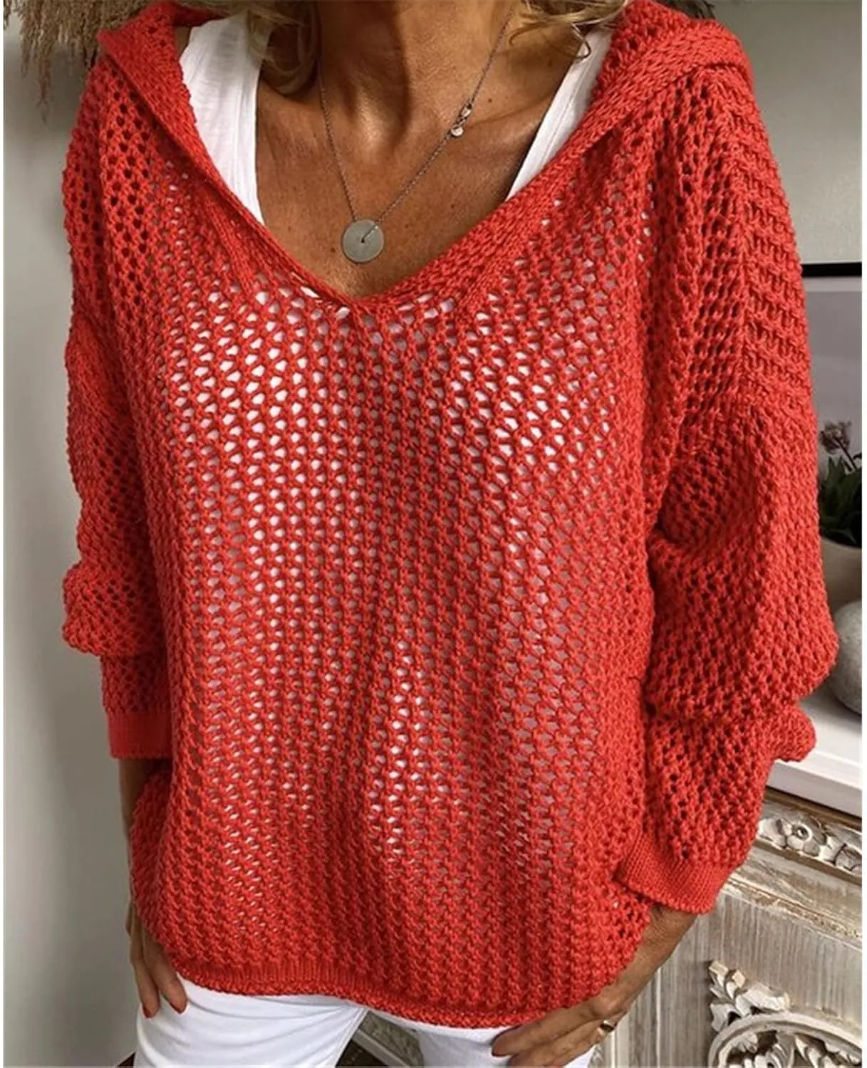 Womens Crochet Hoodie Sweater Top Loose Hooded Long Sleeve Shirt Spring Summer Beach Cover Up Hollow Knit Bathing Suit