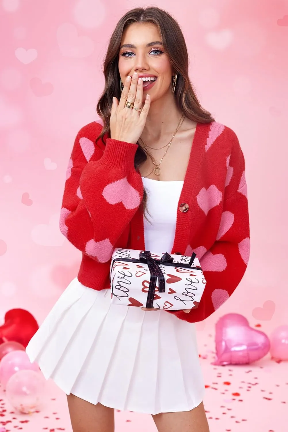Women's Cute Y2K Cropped Cardigan Long Sleeve Button Down Heart Sweater