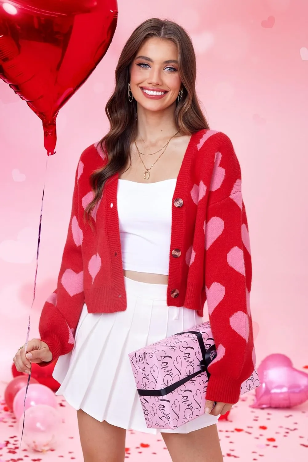 Women's Cute Y2K Cropped Cardigan Long Sleeve Button Down Heart Sweater