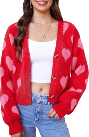 Women's Cute Y2K Cropped Cardigan Long Sleeve Button Down Heart Sweater