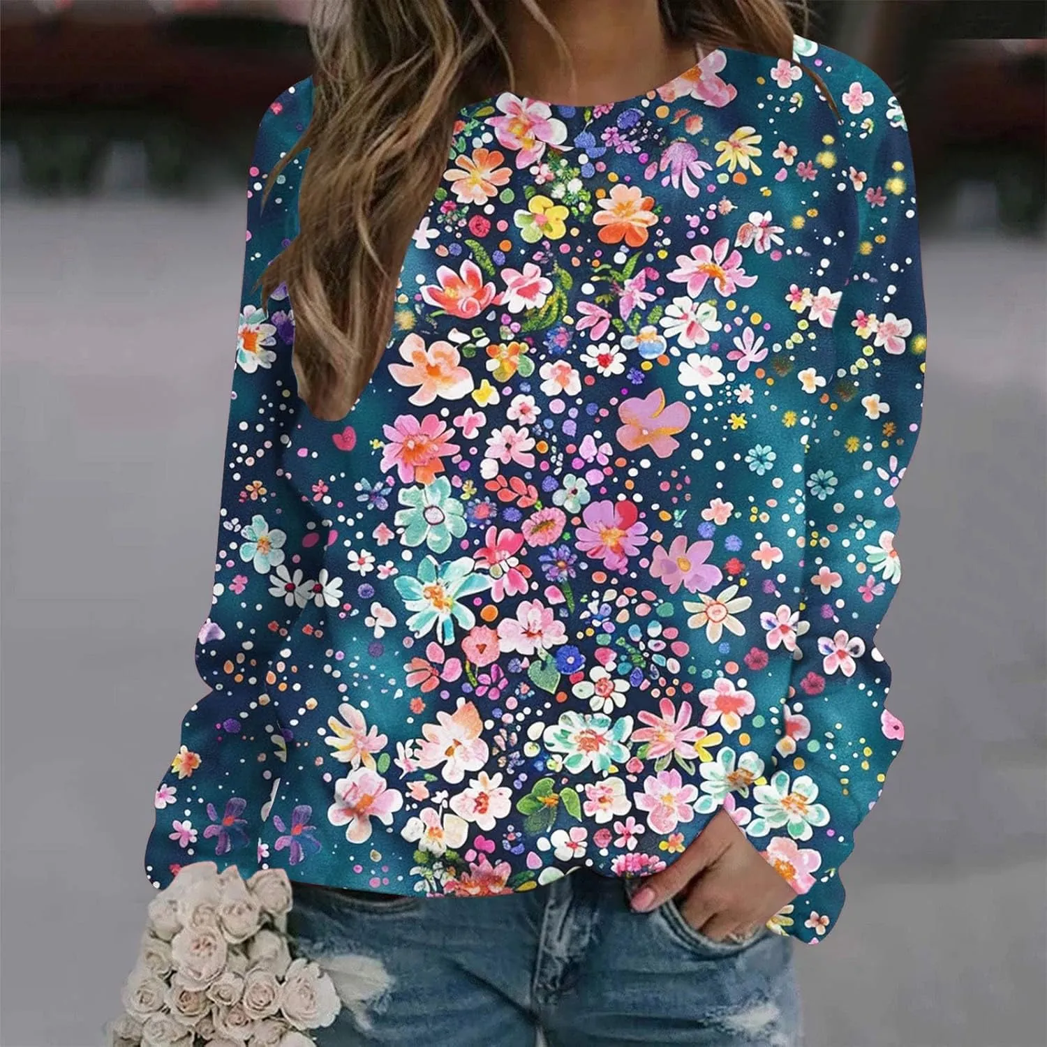 Womens Floral Shirts Long Sleeve Crewneck Sweatshirt Comfy Casual Trendy Fall Outfits Loose Fit Tunic Cute Tops