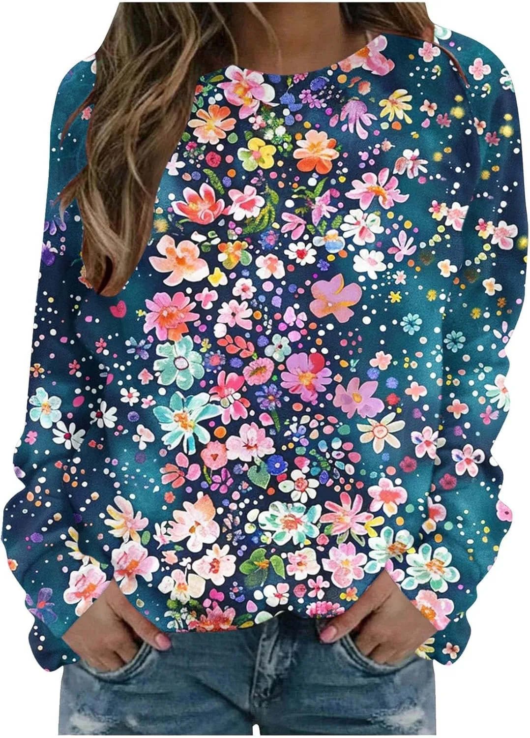 Womens Floral Shirts Long Sleeve Crewneck Sweatshirt Comfy Casual Trendy Fall Outfits Loose Fit Tunic Cute Tops
