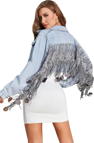 Women's Fringe Jean Jacket Tassel Distressed Ripped Crop Denim Jackets