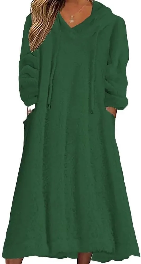 Womens Fuzzy Hooded Long Fleece Dress Fall Winter Fleece Dresses with Pockets