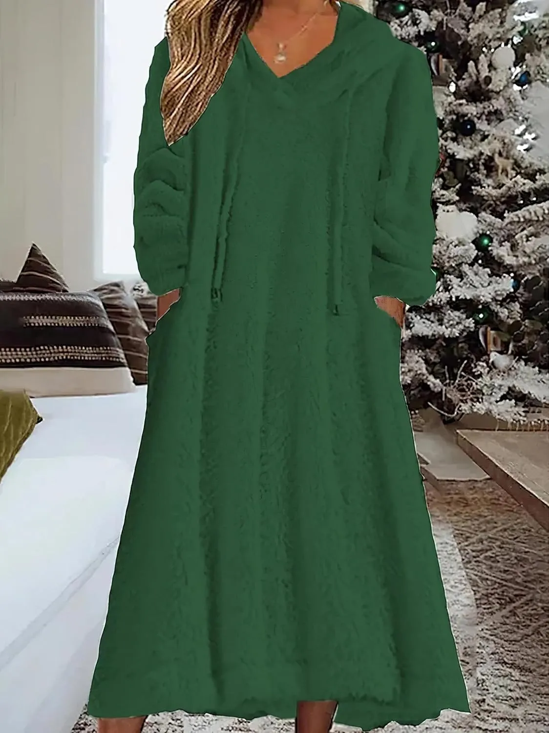 Womens Fuzzy Hooded Long Fleece Dress Fall Winter Fleece Dresses with Pockets