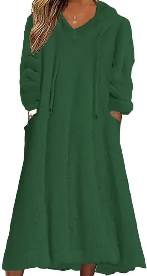 Womens Fuzzy Hooded Long Fleece Dress Fall Winter Fleece Dresses with Pockets