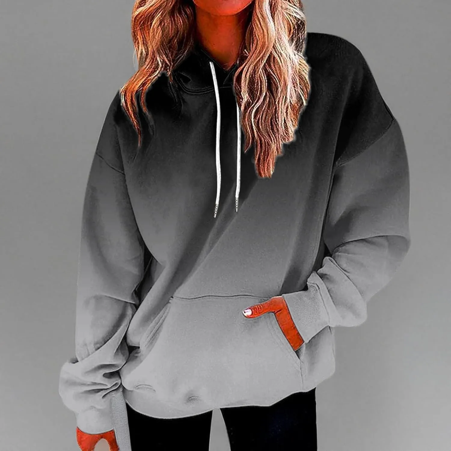 Womens Gradient Print Oversized Sweatshirt Drawstring Pullover with Pocket Trendy Sweater Tops Fashion Clothes