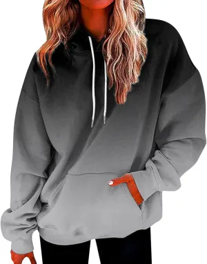 Womens Gradient Print Oversized Sweatshirt Drawstring Pullover with Pocket Trendy Sweater Tops Fashion Clothes