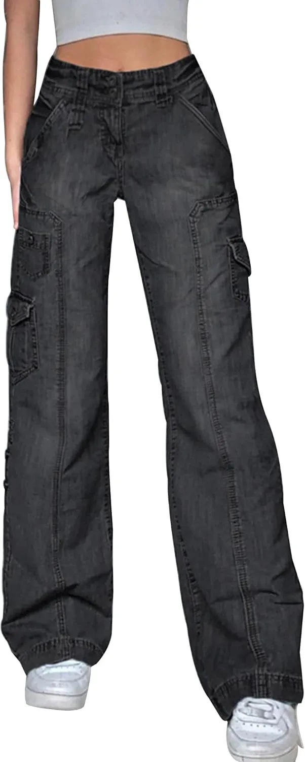 Womens High Waist Wide Leg Straight Jeans Vintage Y2K Pants Casual Baggy Denim Pants Streetwear