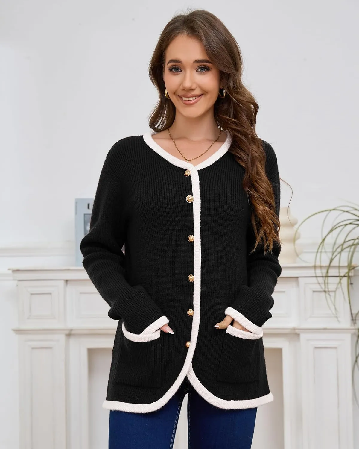 Womens Knit Cardigan Sweaters Casual Long Sleeve Open Front Button Down Coat Trendy Winter Outerwear with Pockets,Loose Fit