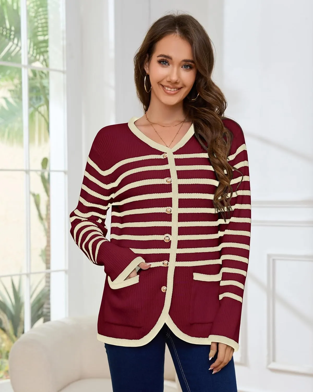 Womens Knit Cardigan Sweaters Casual Long Sleeve Open Front Button Down Coat Trendy Winter Outerwear with Pockets,Loose Fit