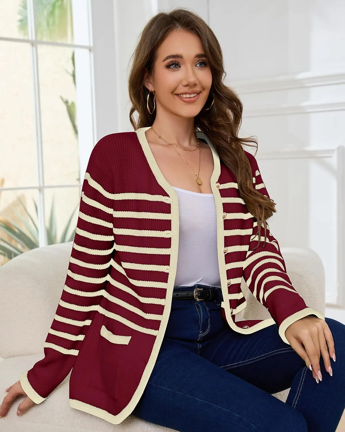 Womens Knit Cardigan Sweaters Casual Long Sleeve Open Front Button Down Coat Trendy Winter Outerwear with Pockets,Loose Fit