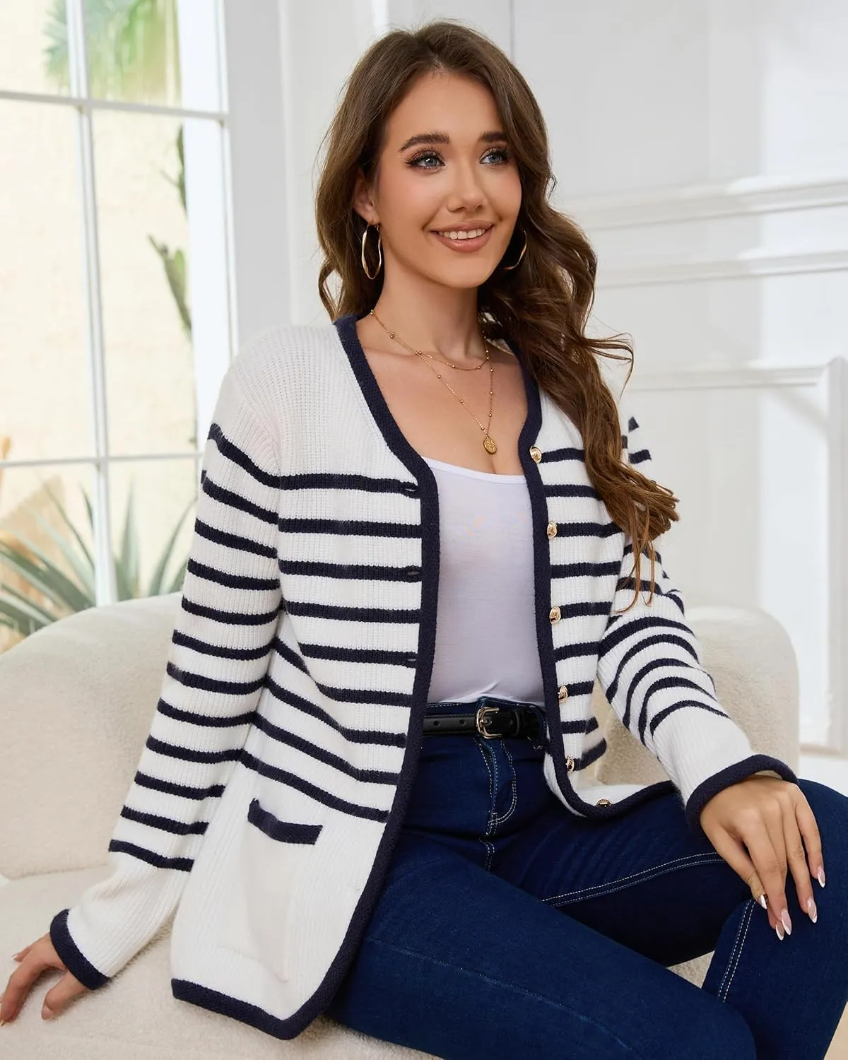 Womens Knit Cardigan Sweaters Casual Long Sleeve Open Front Button Down Coat Trendy Winter Outerwear with Pockets,Loose Fit
