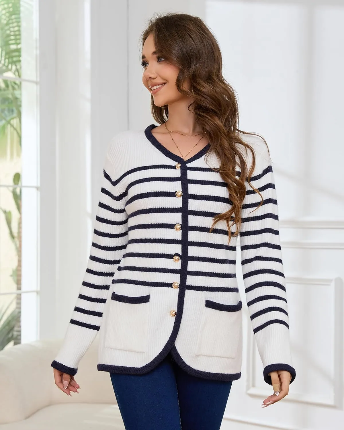 Womens Knit Cardigan Sweaters Casual Long Sleeve Open Front Button Down Coat Trendy Winter Outerwear with Pockets,Loose Fit