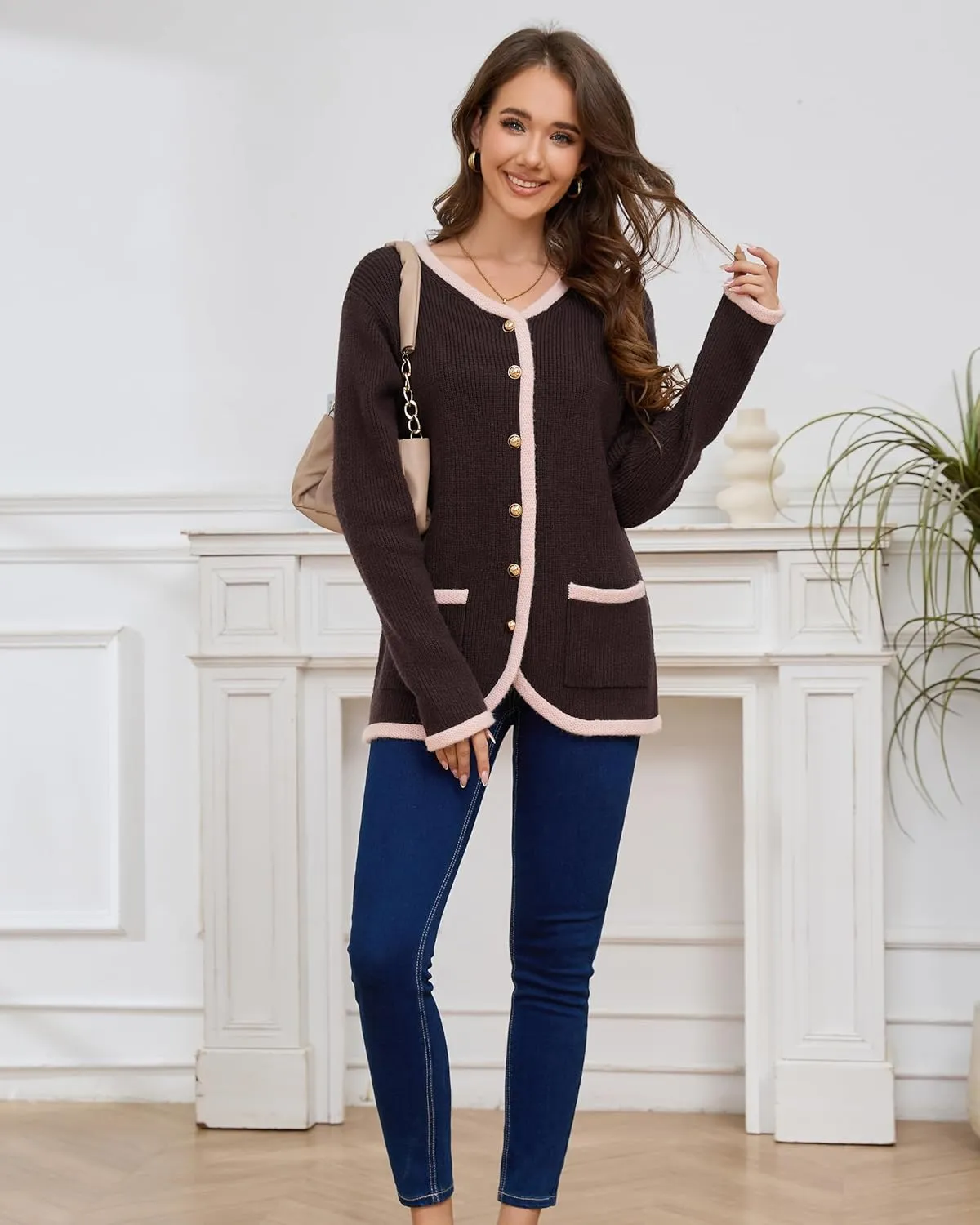 Womens Knit Cardigan Sweaters Casual Long Sleeve Open Front Button Down Coat Trendy Winter Outerwear with Pockets,Loose Fit
