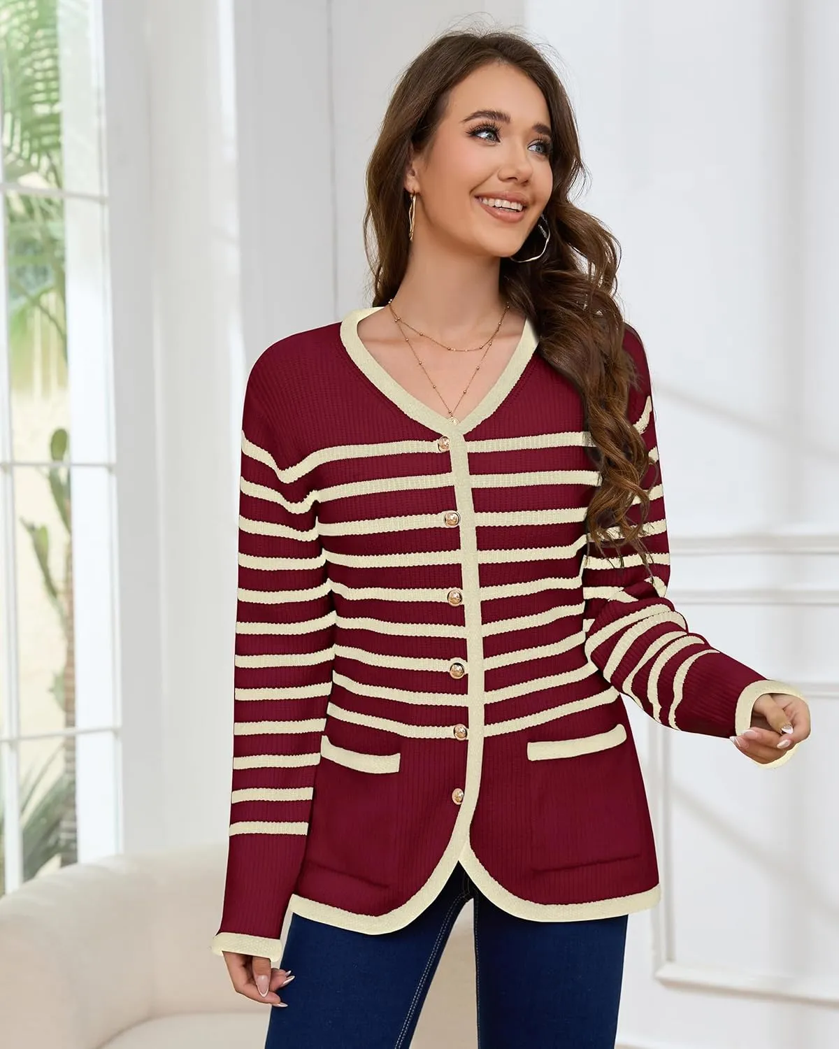 Womens Knit Cardigan Sweaters Casual Long Sleeve Open Front Button Down Coat Trendy Winter Outerwear with Pockets,Loose Fit
