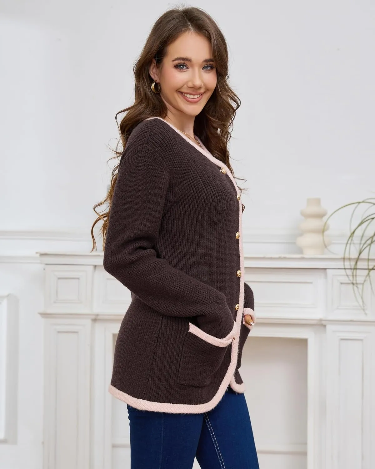 Womens Knit Cardigan Sweaters Casual Long Sleeve Open Front Button Down Coat Trendy Winter Outerwear with Pockets,Loose Fit