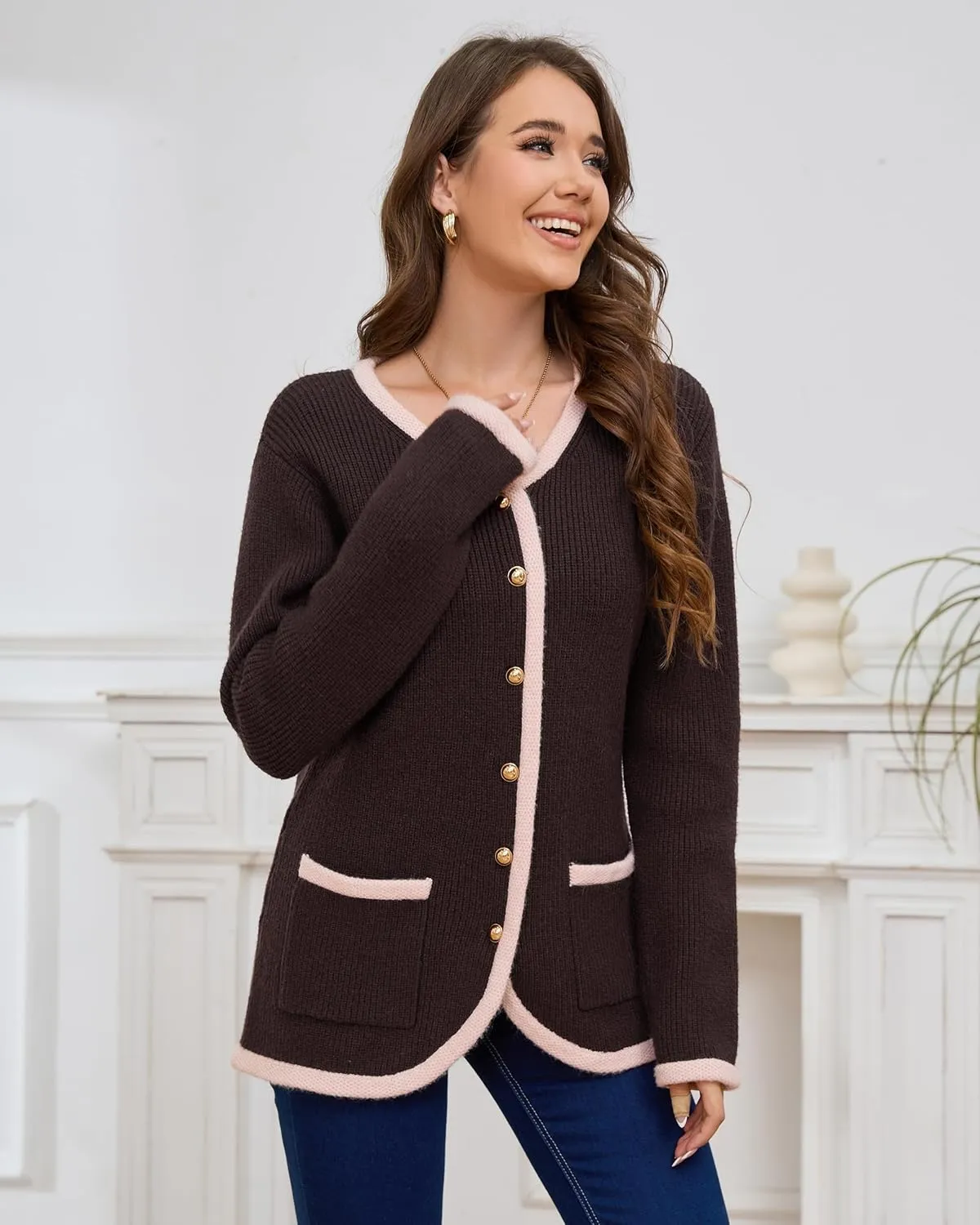 Womens Knit Cardigan Sweaters Casual Long Sleeve Open Front Button Down Coat Trendy Winter Outerwear with Pockets,Loose Fit