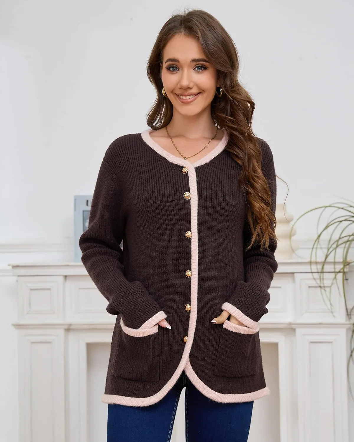 Womens Knit Cardigan Sweaters Casual Long Sleeve Open Front Button Down Coat Trendy Winter Outerwear with Pockets,Loose Fit