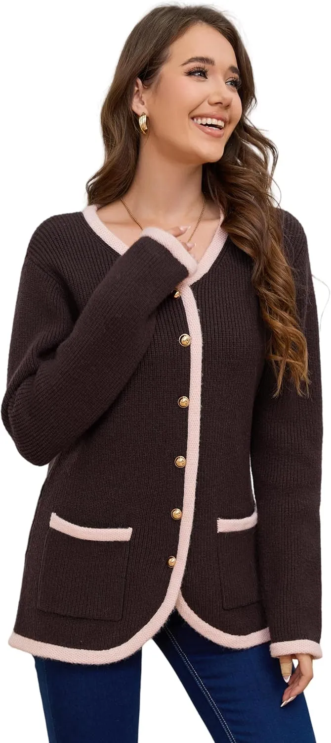 Womens Knit Cardigan Sweaters Casual Long Sleeve Open Front Button Down Coat Trendy Winter Outerwear with Pockets,Loose Fit
