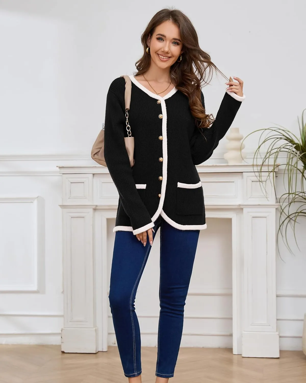 Womens Knit Cardigan Sweaters Casual Long Sleeve Open Front Button Down Coat Trendy Winter Outerwear with Pockets,Loose Fit