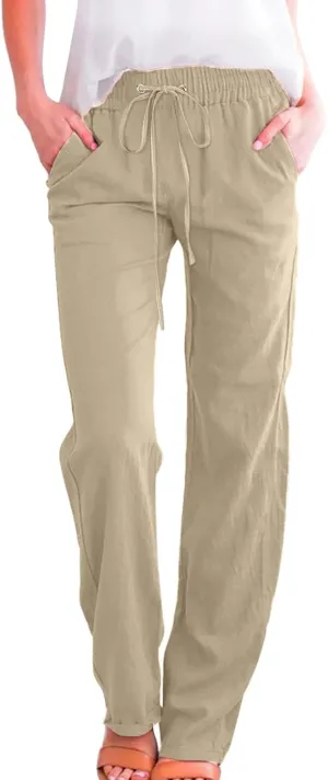 Womens Linen Blend Summer Trendy Palazzo Pants Low Waist Lounge Pants Slim-Fit Trousers Travel