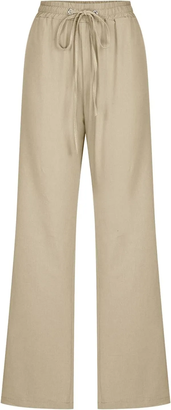Womens Linen Blend Summer Trendy Palazzo Pants Low Waist Lounge Pants Slim-Fit Trousers Travel