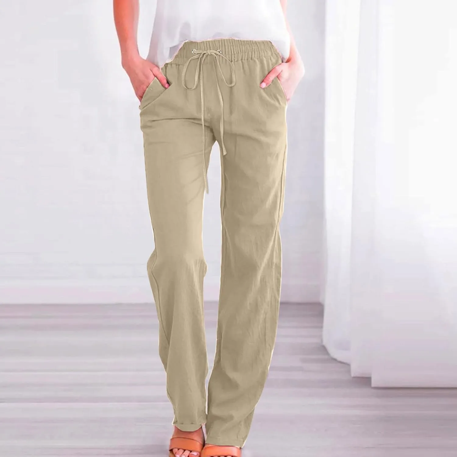 Womens Linen Blend Summer Trendy Palazzo Pants Low Waist Lounge Pants Slim-Fit Trousers Travel