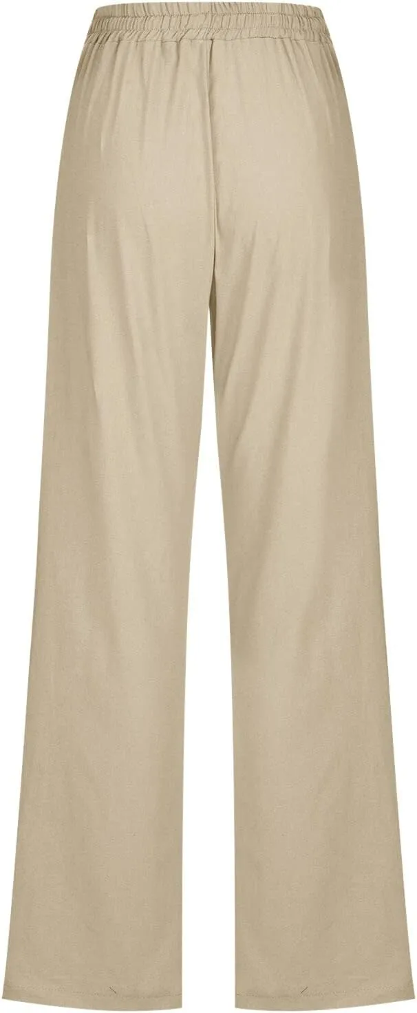 Womens Linen Blend Summer Trendy Palazzo Pants Low Waist Lounge Pants Slim-Fit Trousers Travel