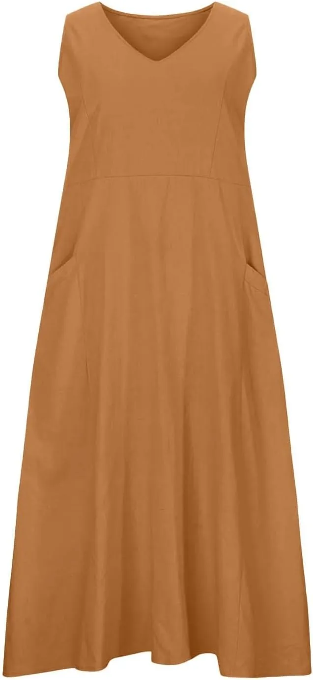 Women's Linen Dress Sleeveless Cotton Linen Maxi Dresses Plus Size Flowy Tank Sundress Beach Vacation Outfits