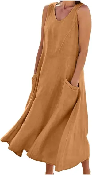 Women's Linen Dress Sleeveless Cotton Linen Maxi Dresses Plus Size Flowy Tank Sundress Beach Vacation Outfits