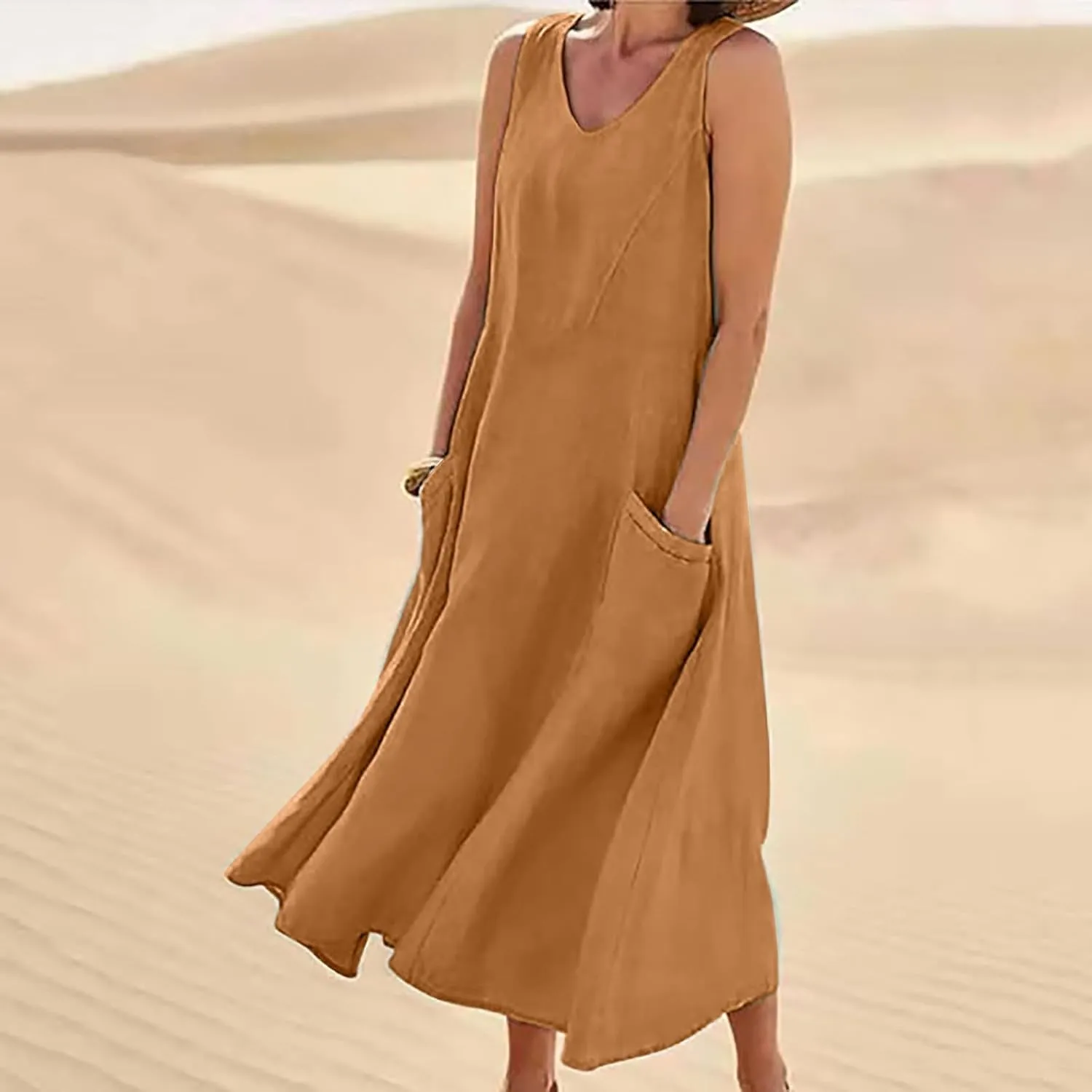 Women's Linen Dress Sleeveless Cotton Linen Maxi Dresses Plus Size Flowy Tank Sundress Beach Vacation Outfits