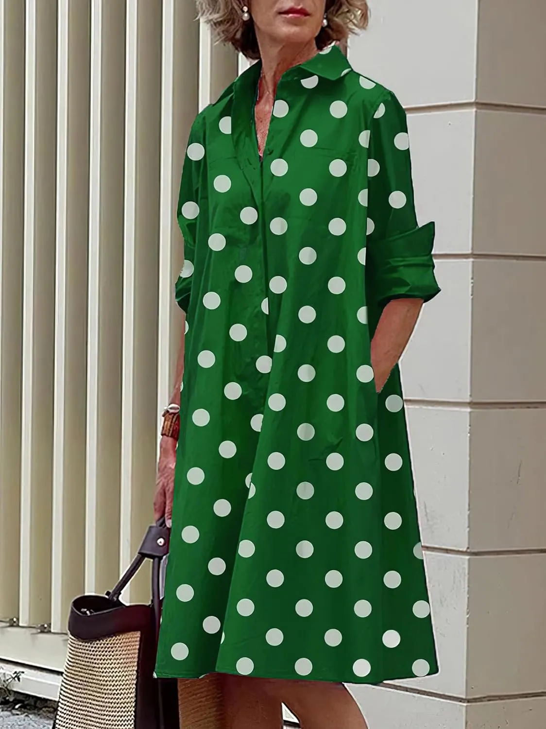 Womens Linen Long Sleeve Simple Printed Button Down Shirt Dress Plus Size Loose Shirt Dresses for Women with 2 Pockets