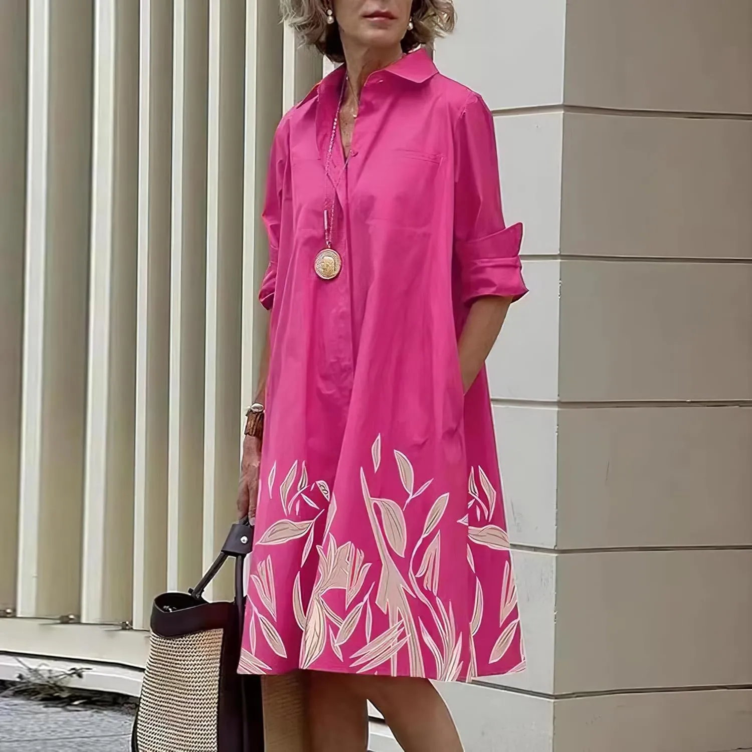 Womens Linen Long Sleeve Simple Printed Button Down Shirt Dress Plus Size Loose Shirt Dresses for Women with 2 Pockets