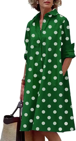 Womens Linen Long Sleeve Simple Printed Button Down Shirt Dress Plus Size Loose Shirt Dresses for Women with 2 Pockets