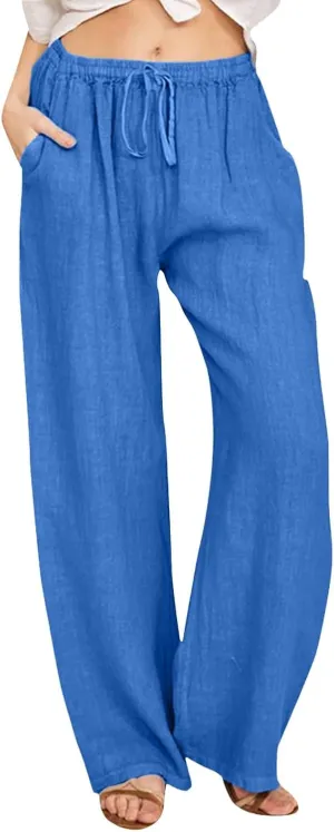 Women's Linen Summer Solid Palazzo Lounge Pants Low Waist Straight Slim-Fit Palazzo Lounge Pants Business Work