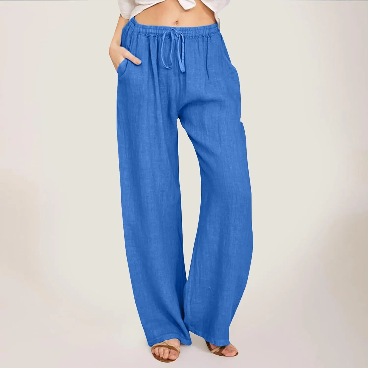 Women's Linen Summer Solid Palazzo Lounge Pants Low Waist Straight Slim-Fit Palazzo Lounge Pants Business Work