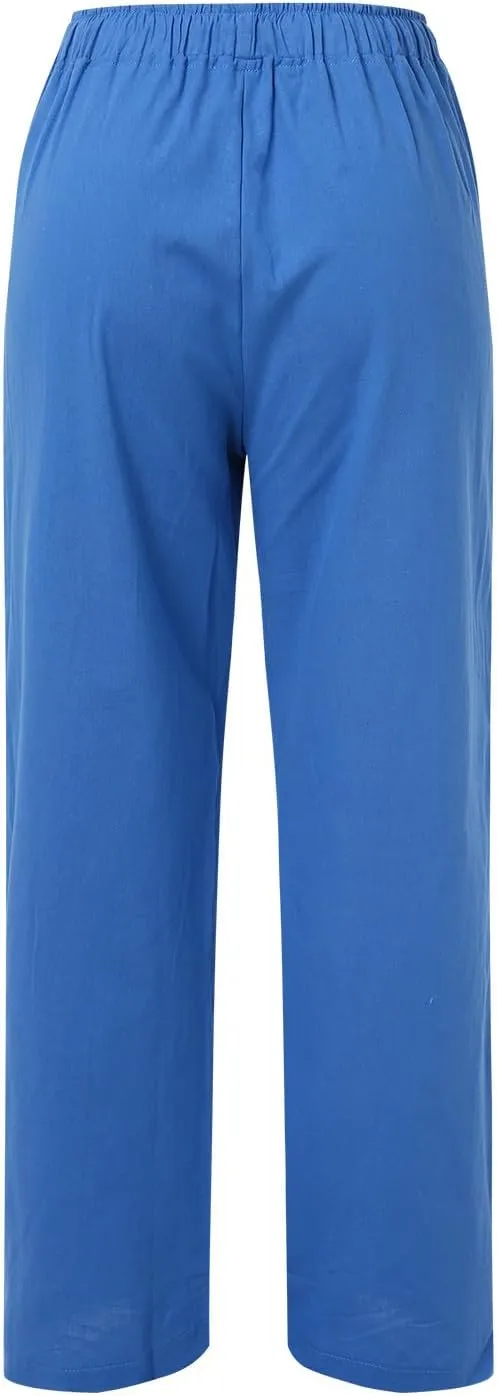 Women's Linen Summer Solid Palazzo Lounge Pants Low Waist Straight Slim-Fit Palazzo Lounge Pants Business Work