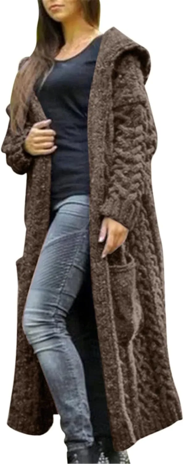 Womens Long Cardigan Sweaters Open Front Oversize Casual Cable Knit Hoodies Long Sleeve Fashion Winter Coats Pockets