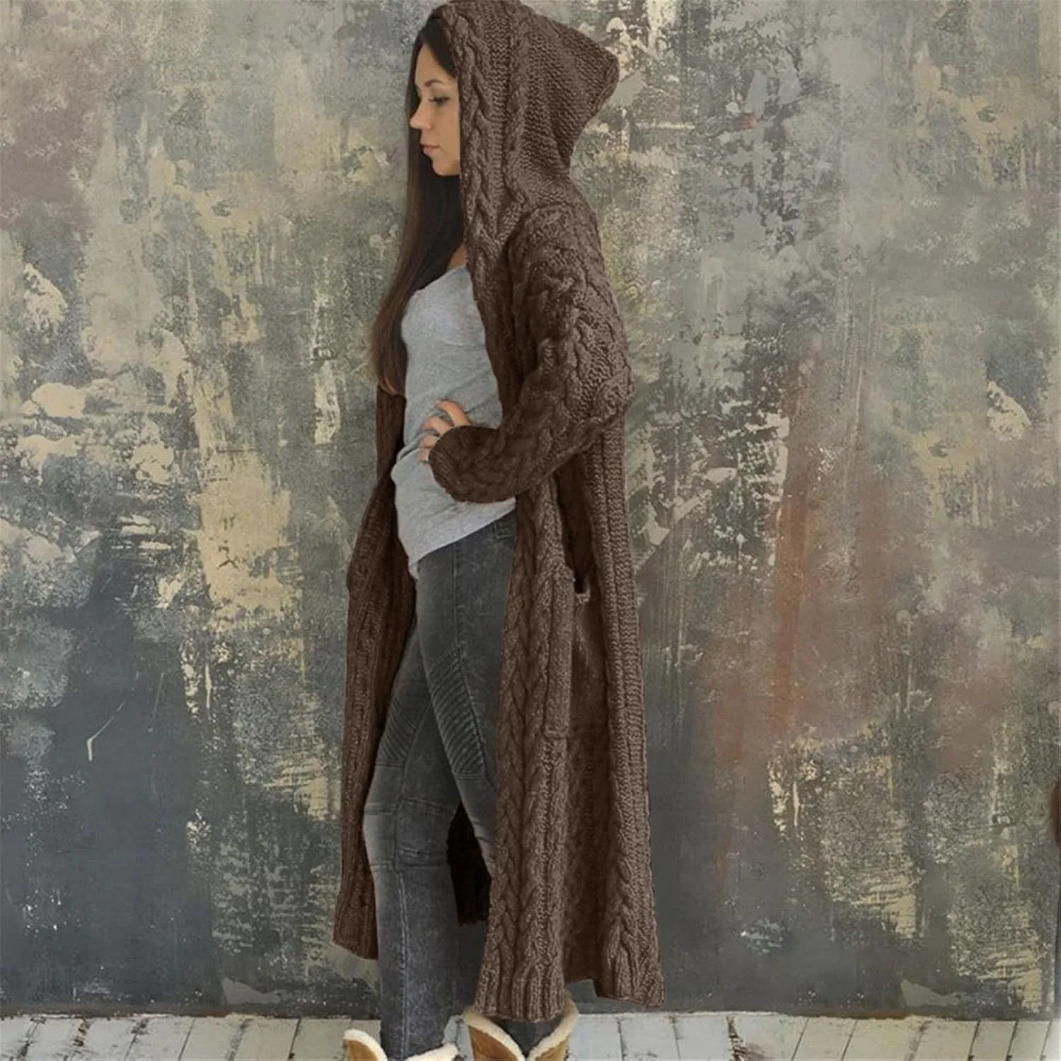 Womens Long Cardigan Sweaters Open Front Oversize Casual Cable Knit Hoodies Long Sleeve Fashion Winter Coats Pockets